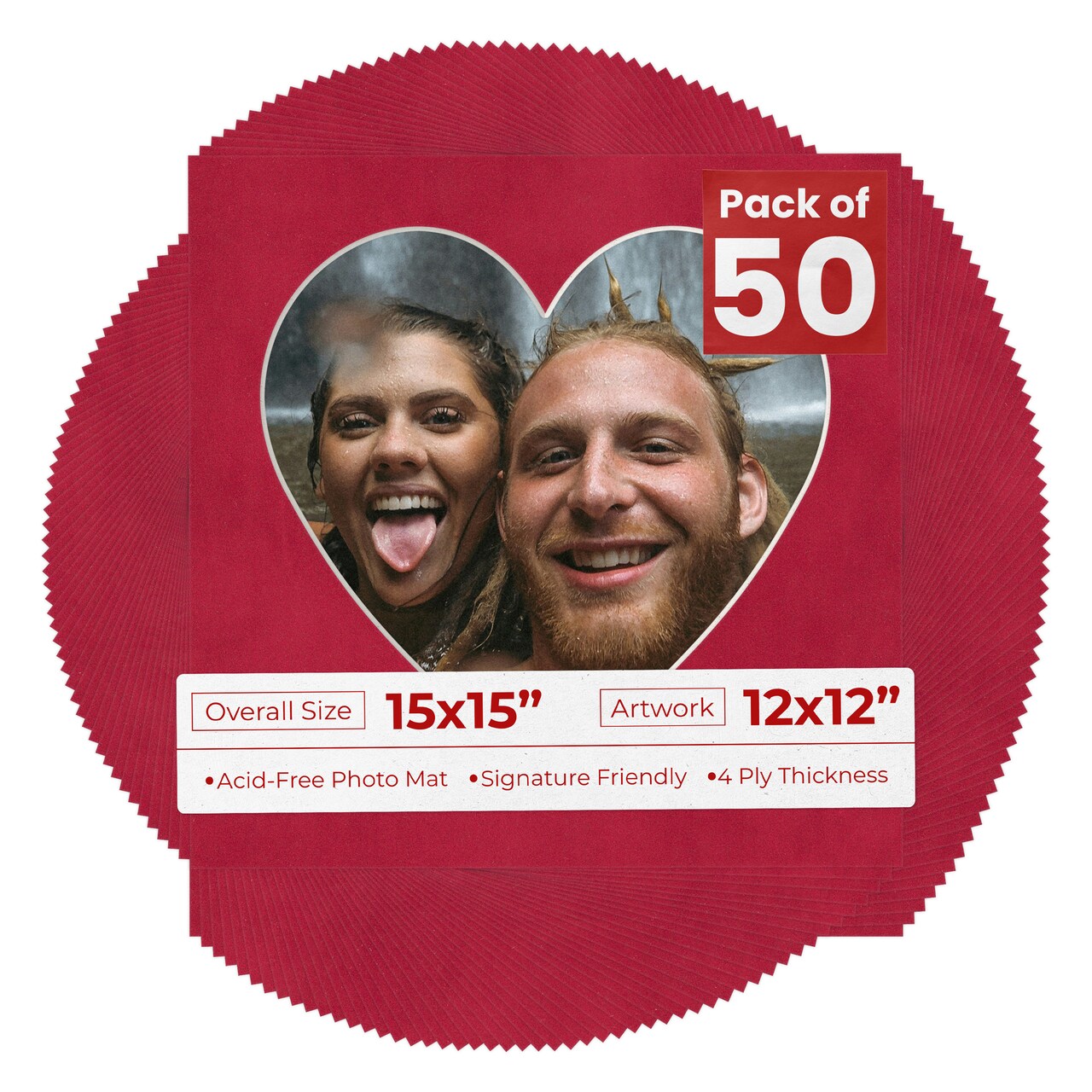 Red Suede Mat Board for 15x15 Frames - Heart Opening for 12x12 Photos